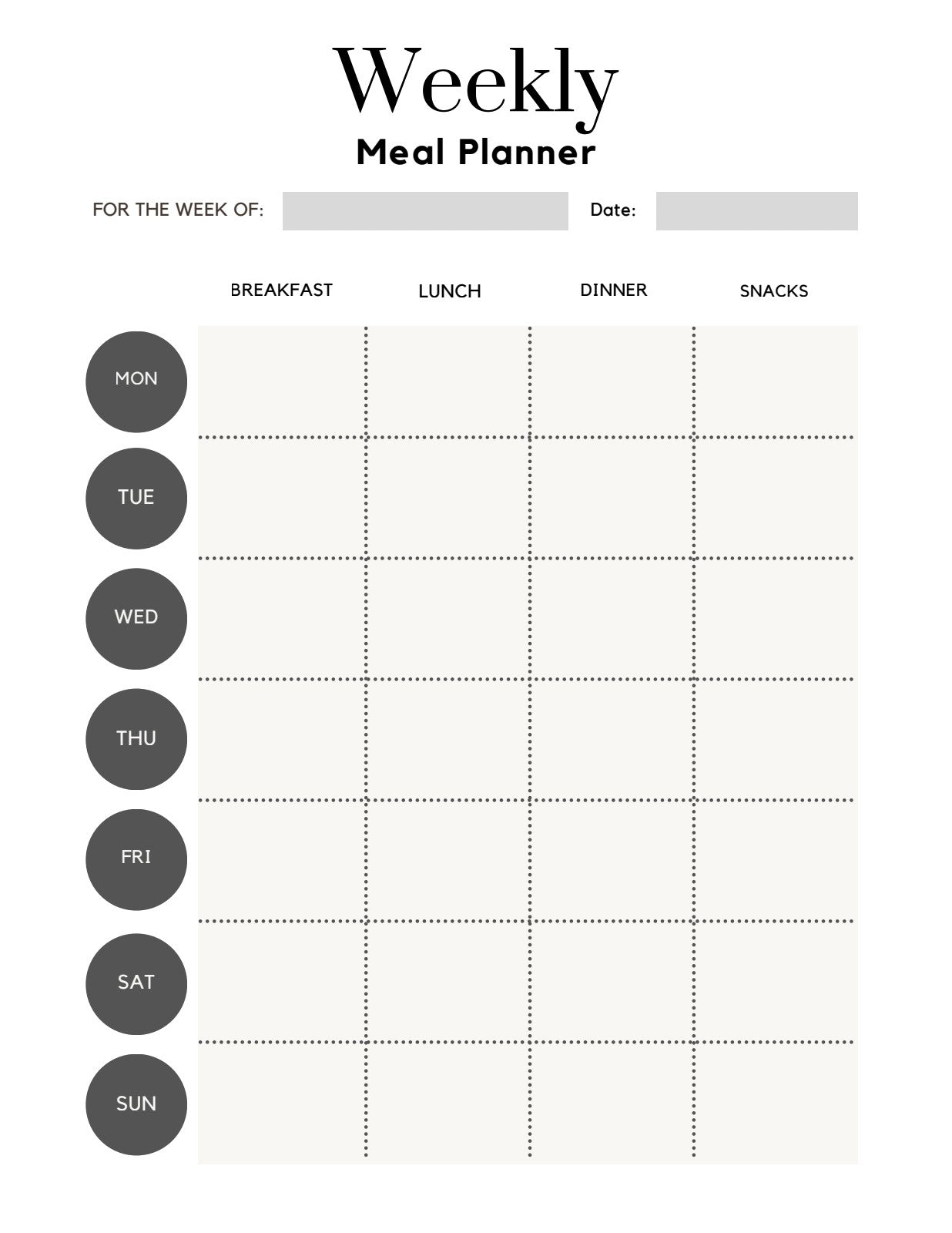 Weekly meal planner with breakfast lunch dinner