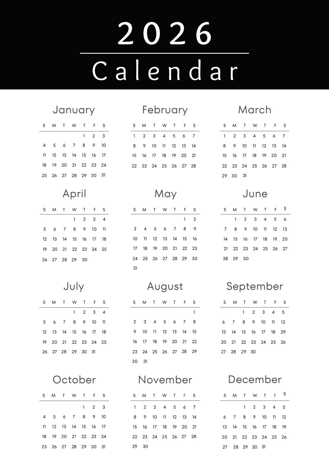 2026 Full Year Calendar View
