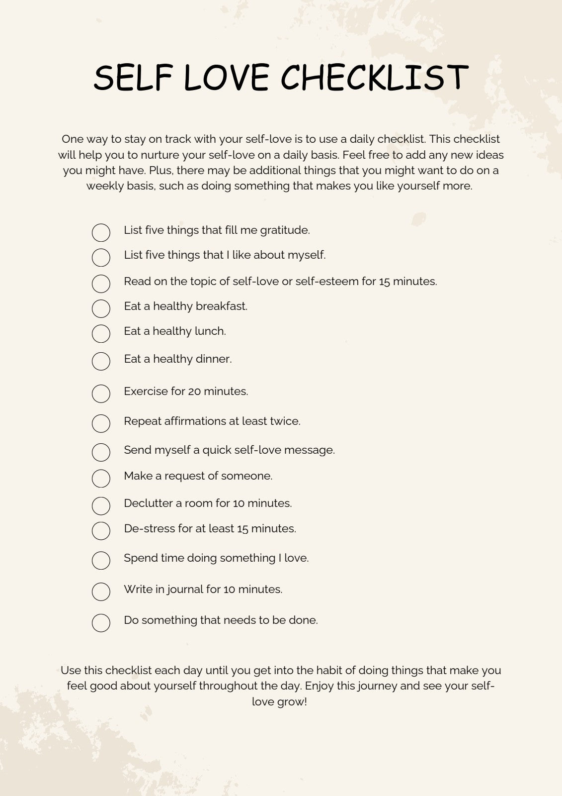 Self-love checklist page