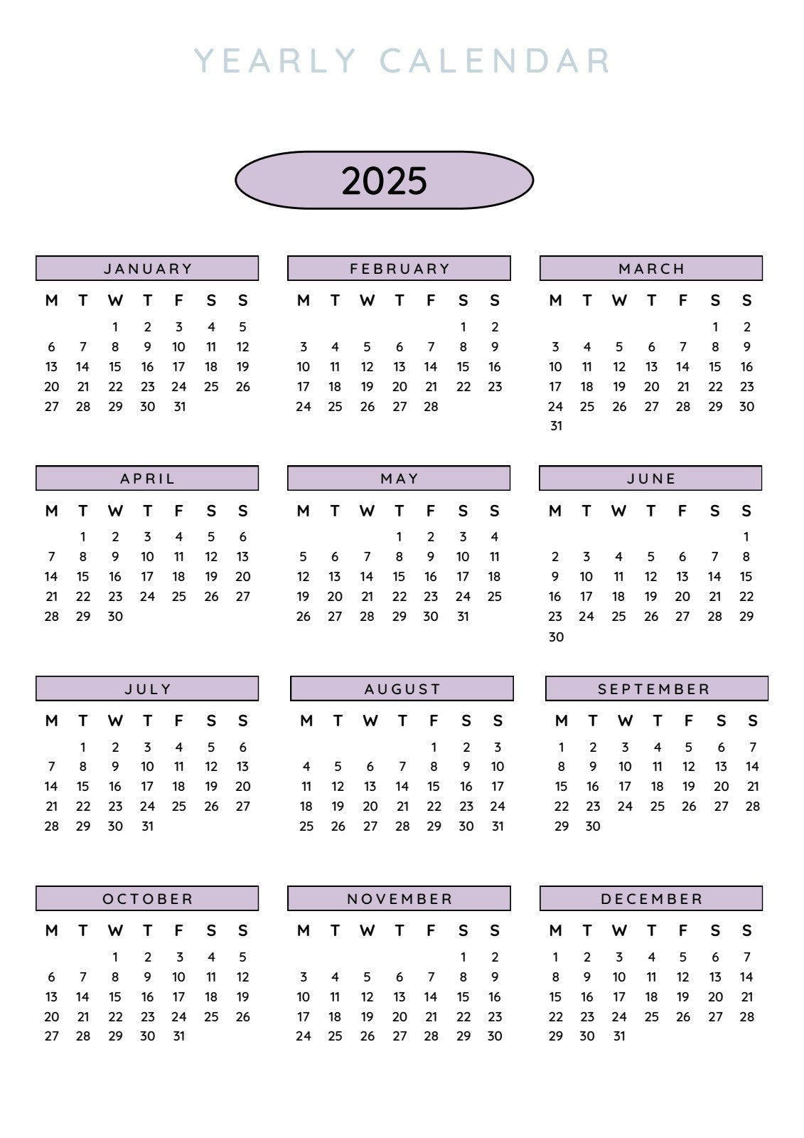2025 Yearly Calendar spread