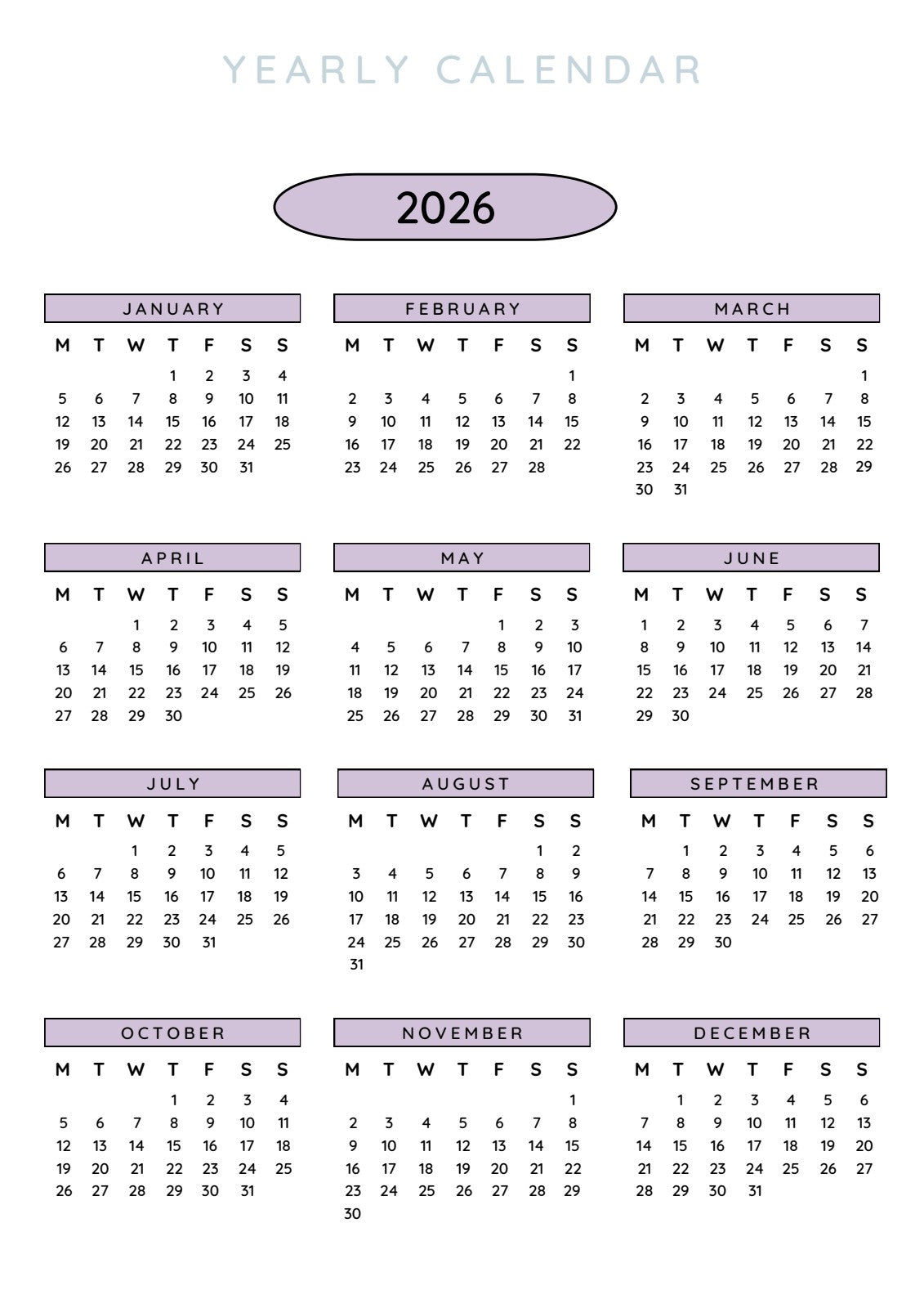 2026 Yearly Calendar spread