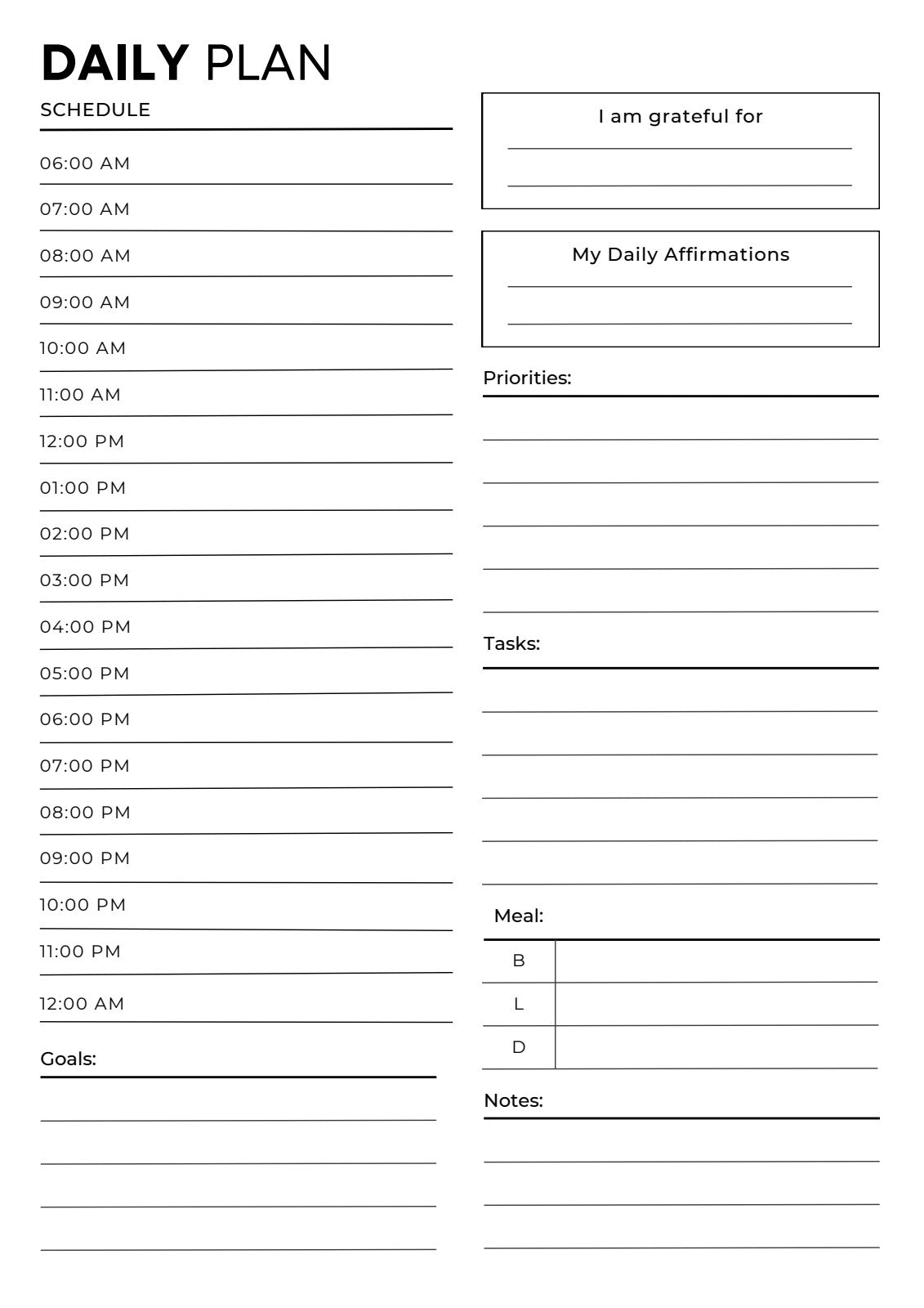 Daily plan schedule template